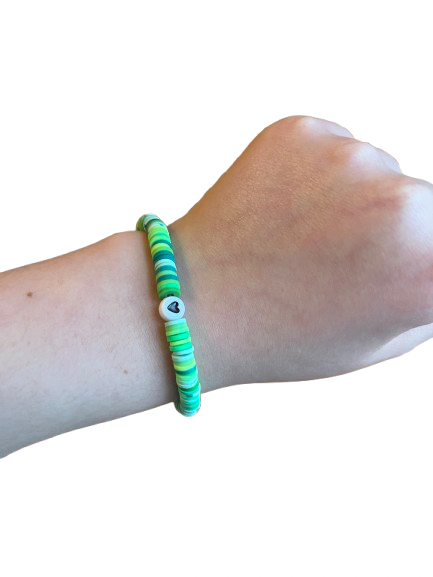 Green clay bead bracelet with black heart