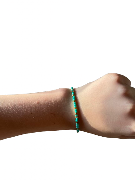 Teal seed bead bracelet with gold