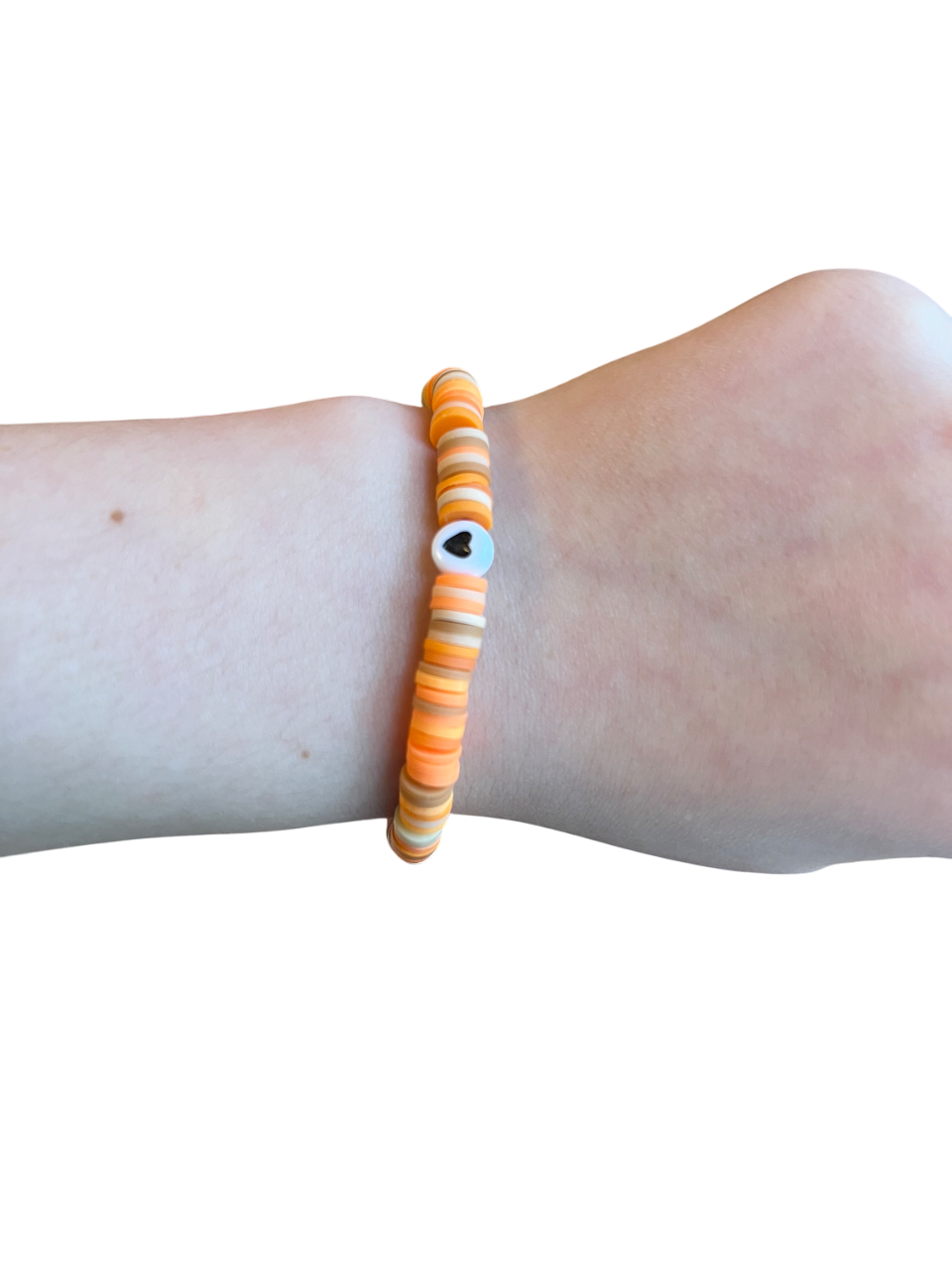 Orange clay bead bracelet with black heart