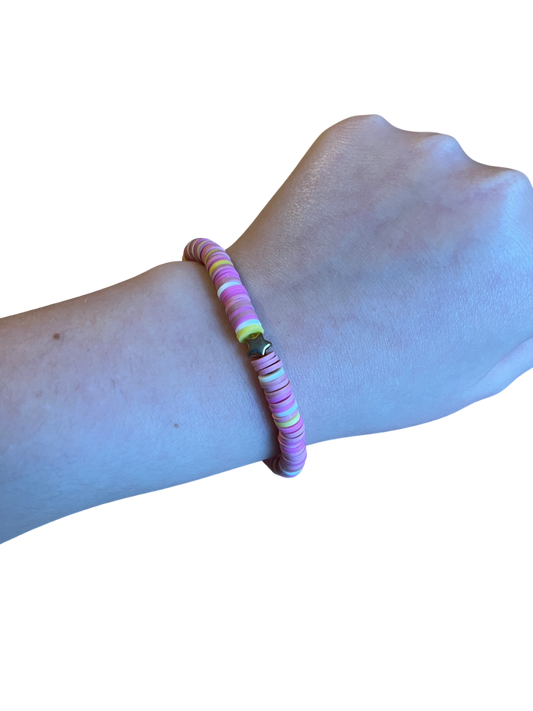 Pink and yellow clay bead bracelet